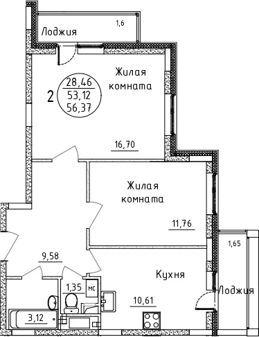 Планировка: 2-комнатная квартира 53,1 м² в ЖК «Дом Союзов»