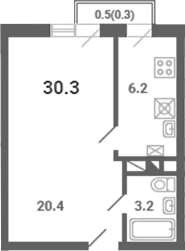 Планировка: 1-комнатная квартира 29,8 м² в ЖК «Южная Долина»