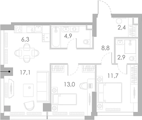 Планировка: Евротрёшка 67,1 м² в ЖК «Ривер Парк Кутузовский»