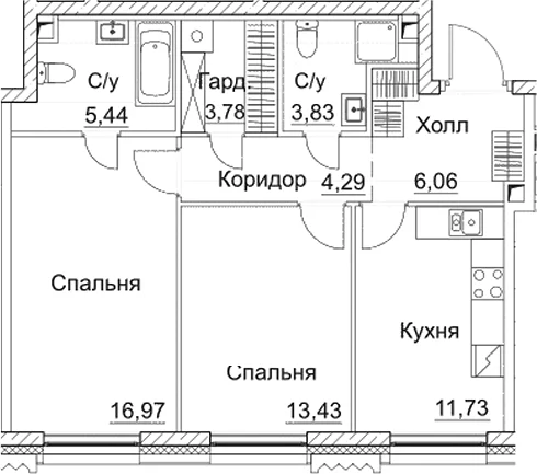 Планировка: 2-комнатная квартира 65,5 м² в ЖК «СЕЗАР СИТИ»