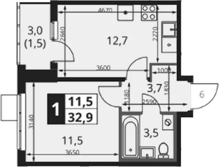 Планировка: 1-комнатная квартира 31,4 м² в ЖК «1-й Ясеневский»