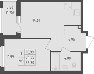 Планировка: 1-комнатная квартира 34,6 м² в ЖК «Южная Нева»