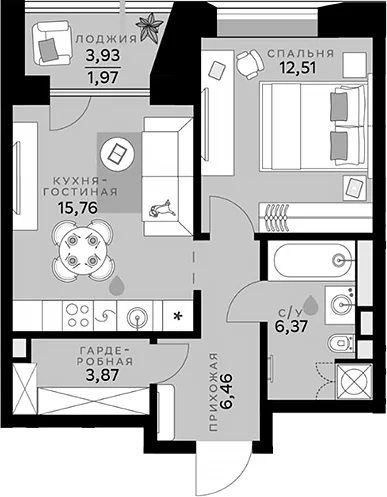 Планировка: Евродвушка 45 м² в ЖК «СберСити»