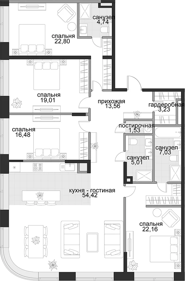Планировка: Квартира евро-5 170 м² в ЖК «Садовническая, 69»