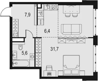 Планировка: Студия 51,6 м² в ЖК «Левел Южнопортовая»