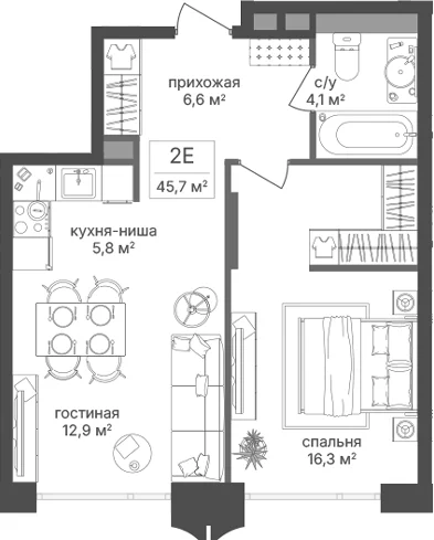 Планировка: Евродвушка 45,7 м² в ЖК «Петровский Парк II»