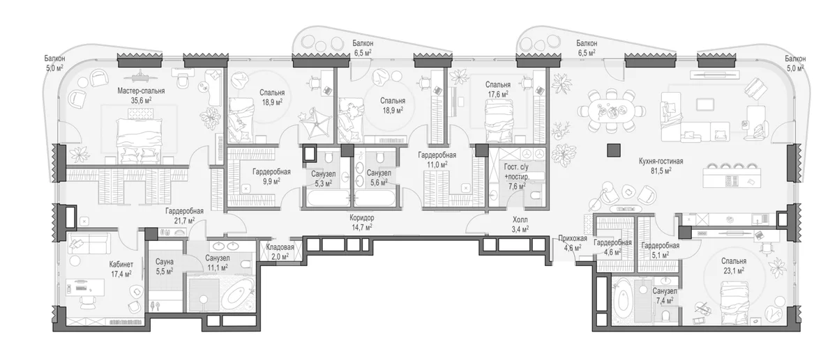 Планировка: 6-комнатная квартира 330,1 м² в ЖК «Дом Лаврушинский»
