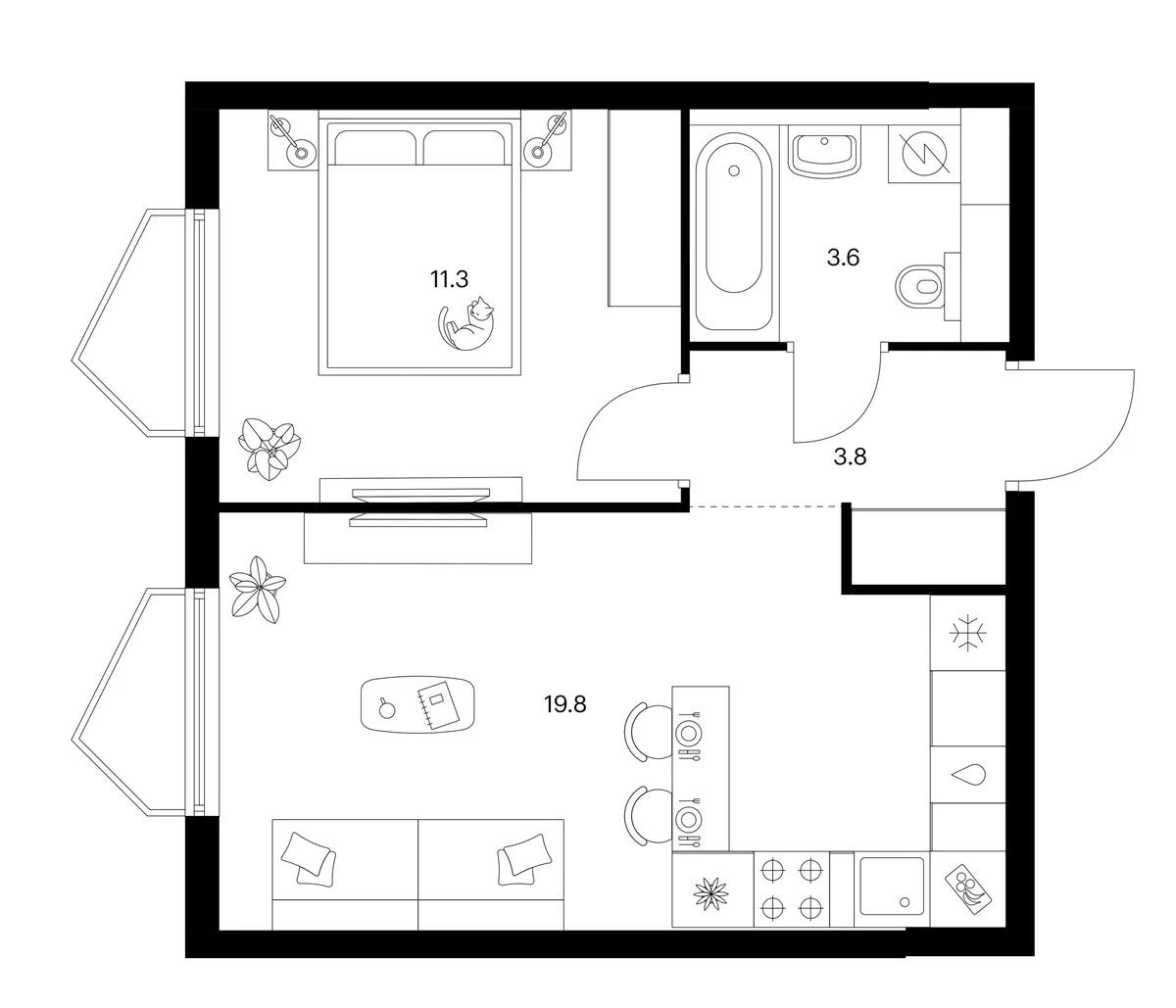 Планировка: 1-комнатная квартира 38,5 м² в ЖК «Мичуринский парк»