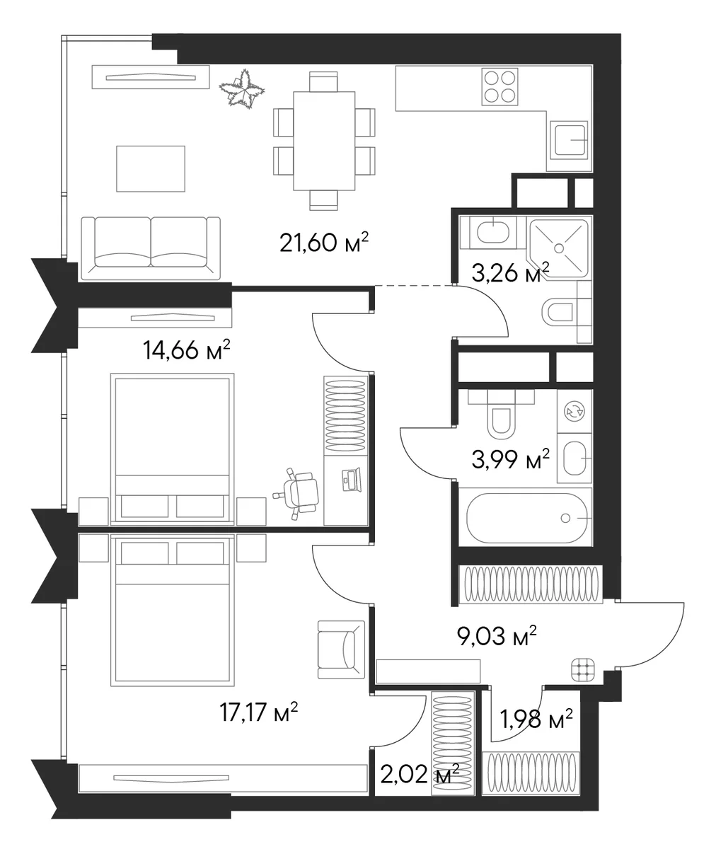 Планировка: Евротрёшка 74,6 м² в ЖК «Первый Нагатинский»