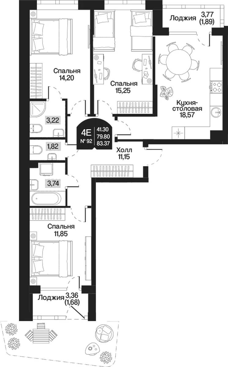 Планировка: Квартира евро-4 79,8 м² в ЖК «Охтинские высоты»