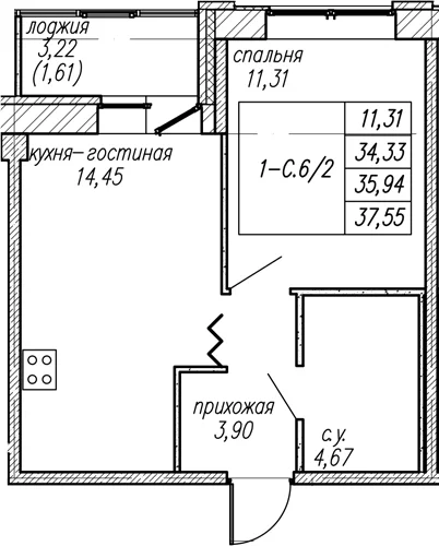 Планировка: 1-комнатная квартира 34,3 м² в ЖК «Уютный Новоселье»