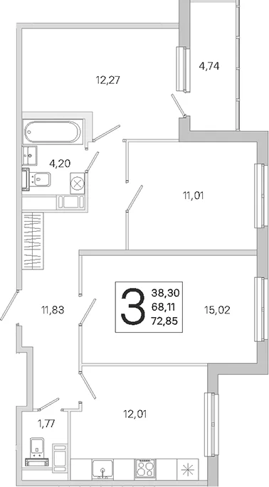 Планировка: 3-комнатная квартира 68,1 м² в ЖК «ЮгТаун. Олимпийские кварталы»
