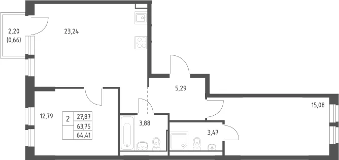 Планировка: Евротрёшка 63,8 м² в ЖК «Квартал Ивакино»