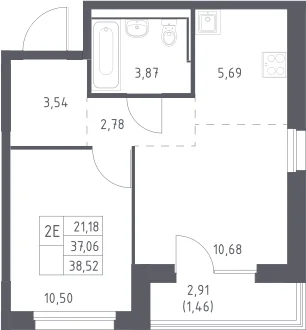 Планировка: Евродвушка 37,1 м² в ЖК «Прибрежный Парк»