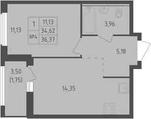 Планировка: 1-комнатная квартира 34,6 м² в ЖК «Южная Нева»